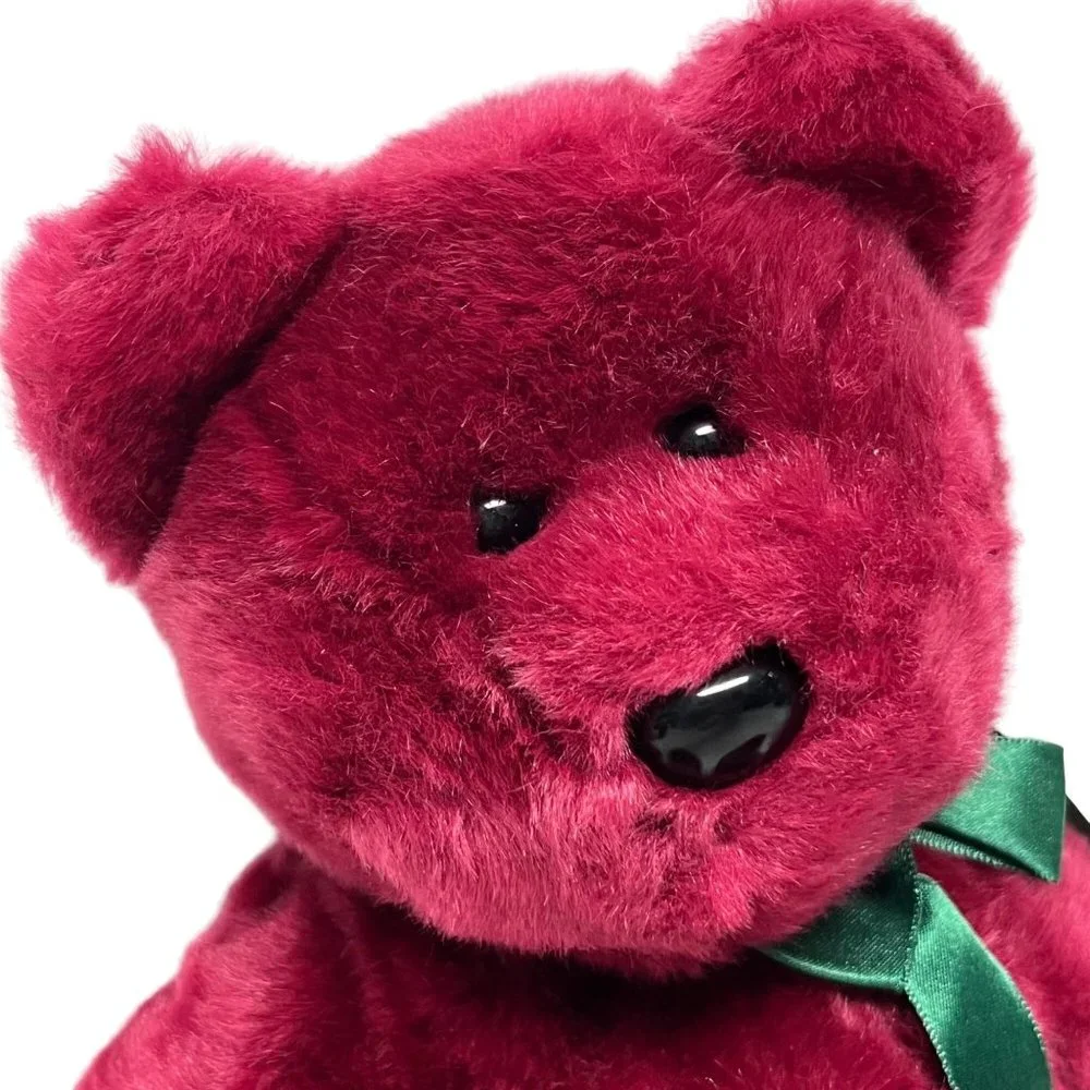 Ty Teddy 13" Beanie Baby Buddies Cranberry Red Plush Bear Green Ribbon Rare - Picture 2 of 7